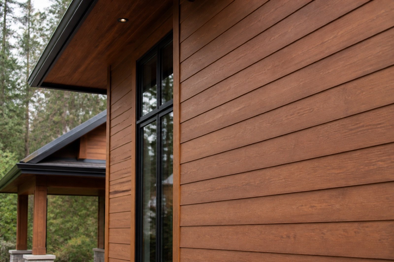 Installed engineered wood lap siding on a residential exterior