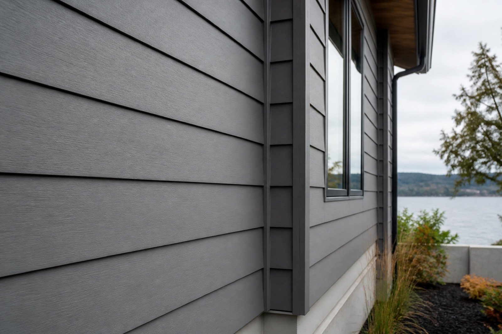 Installed grey fiber cement lap siding on a residential exterior