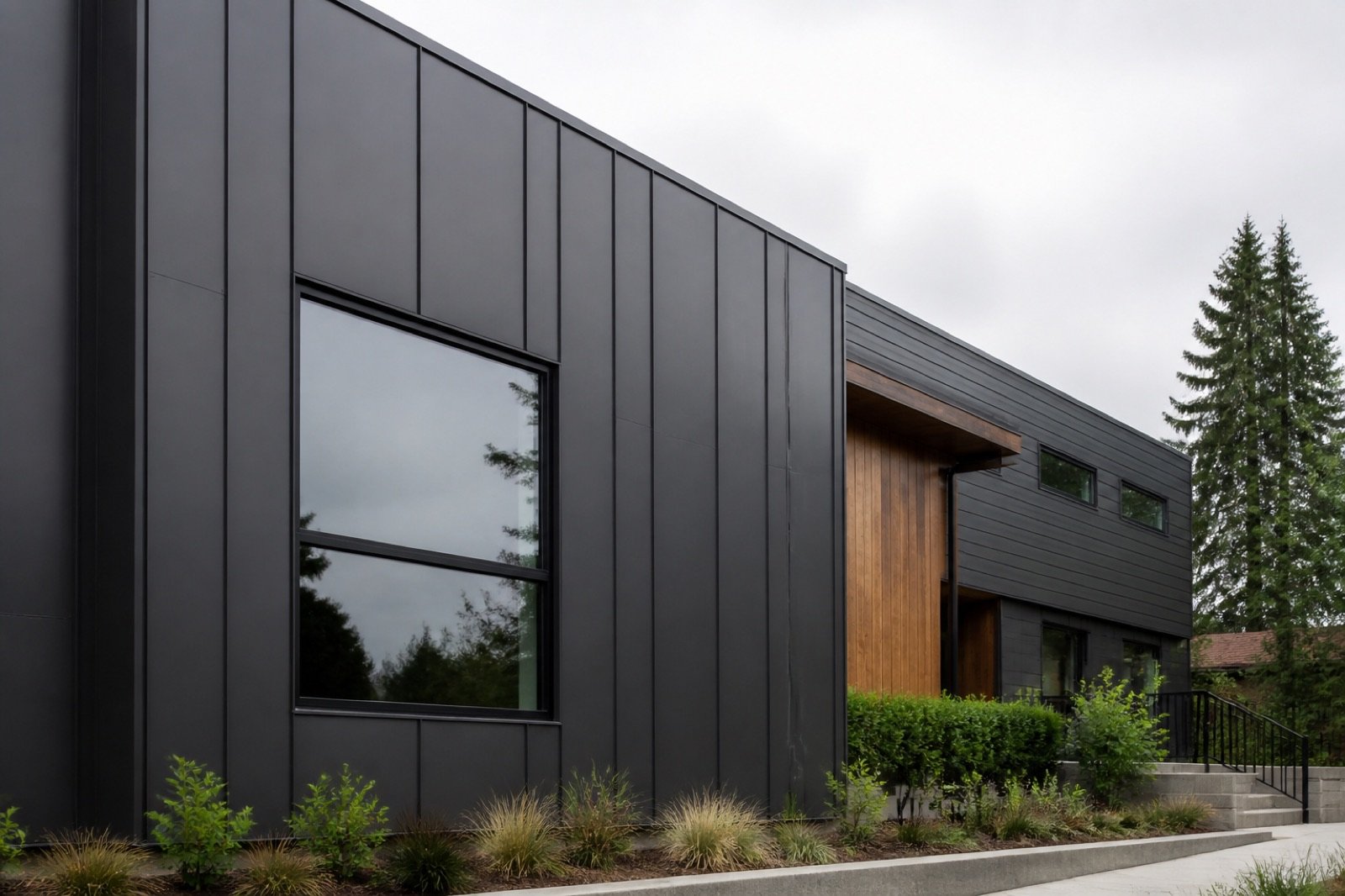 Modern charcoal standing-seam metal cladding on a contemporary building