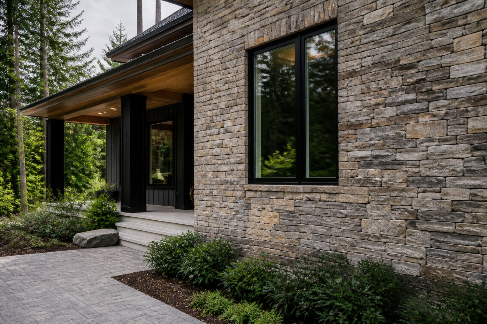 Natural stone veneer cladding on a residential exterior