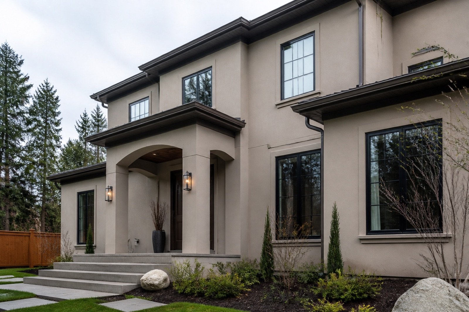 Residential exterior with smooth stucco finish and clean window trim