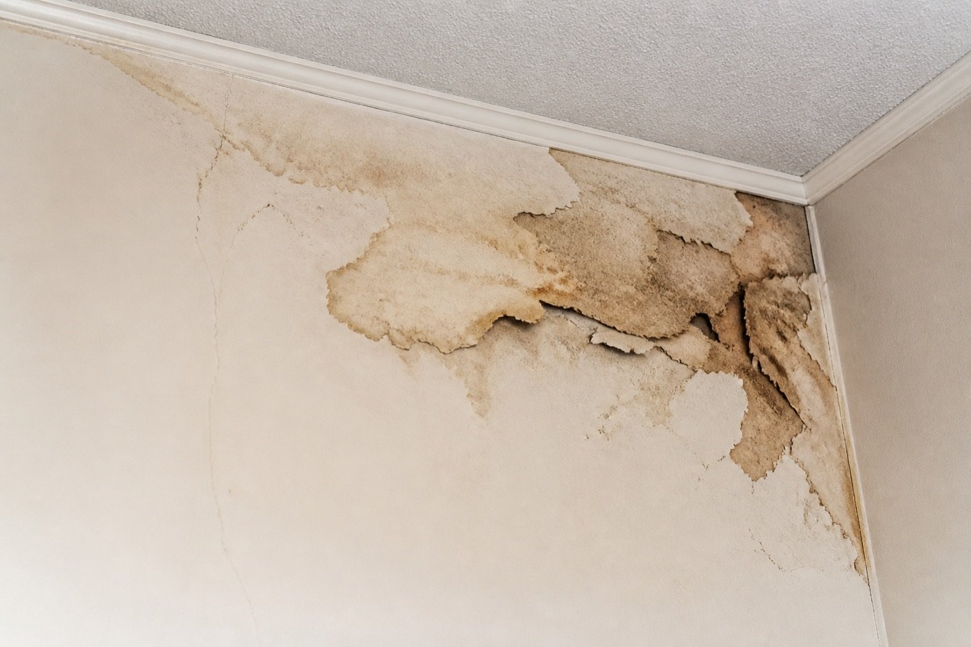 Water-damaged drywall with staining and cracking before repair