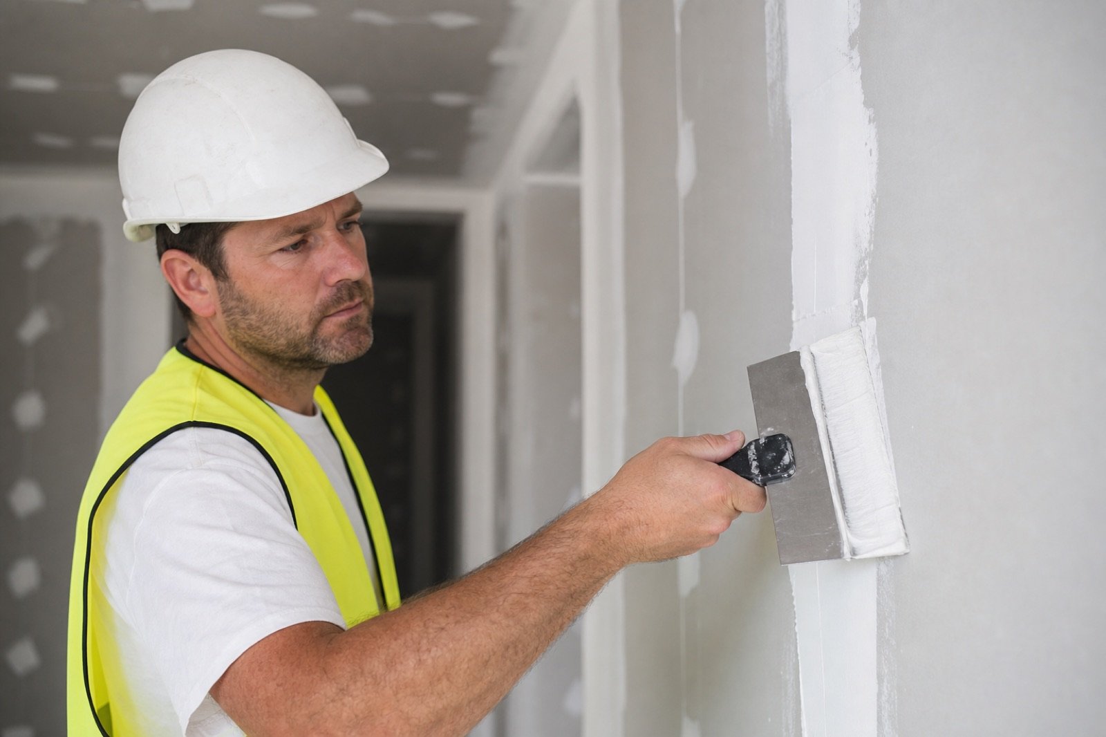 Drywall finisher smoothing joint compound with a taping knife