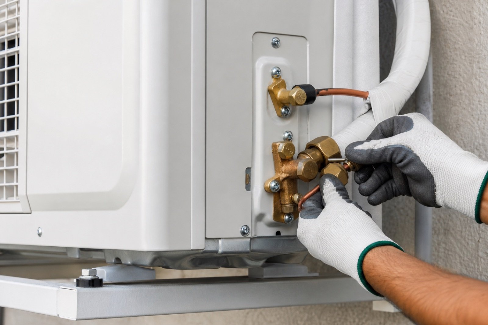 Technician connecting refrigerant lines on an outdoor heat pump installation