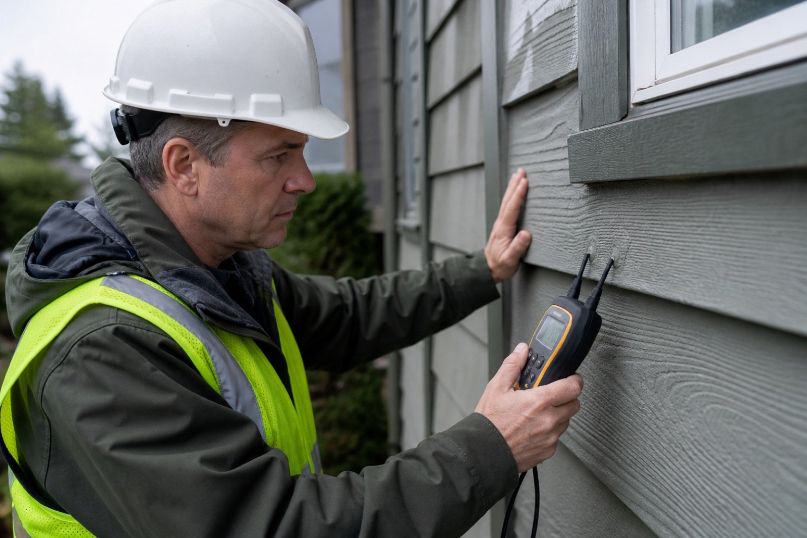 Inspector using a moisture meter to trace water intrusion at a window during a building envelope assessment