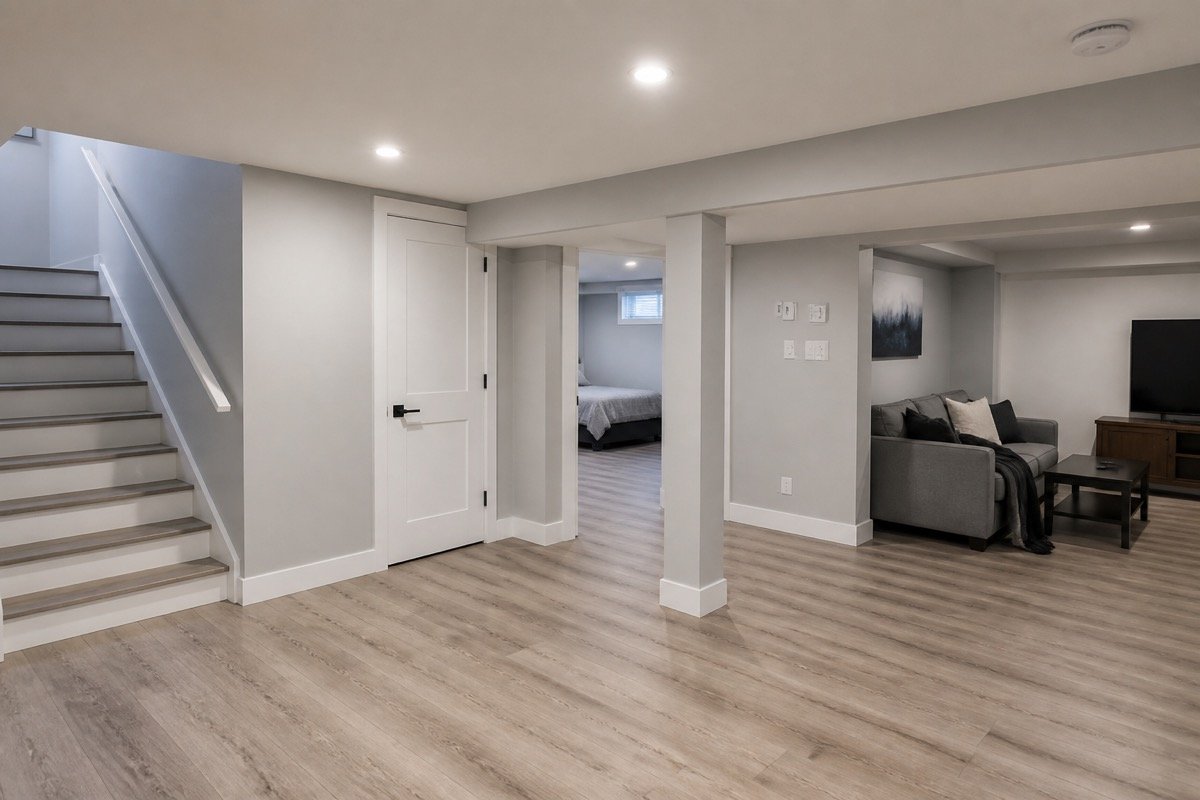Basement flood restoration — sump pump failure — completed