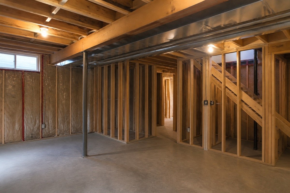 Basement renovation drywall and soundproofing — before