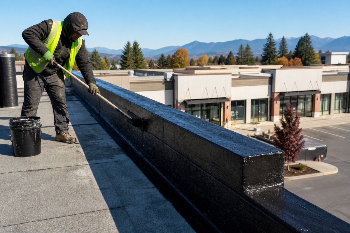 Retail strip mall envelope waterproofing — during