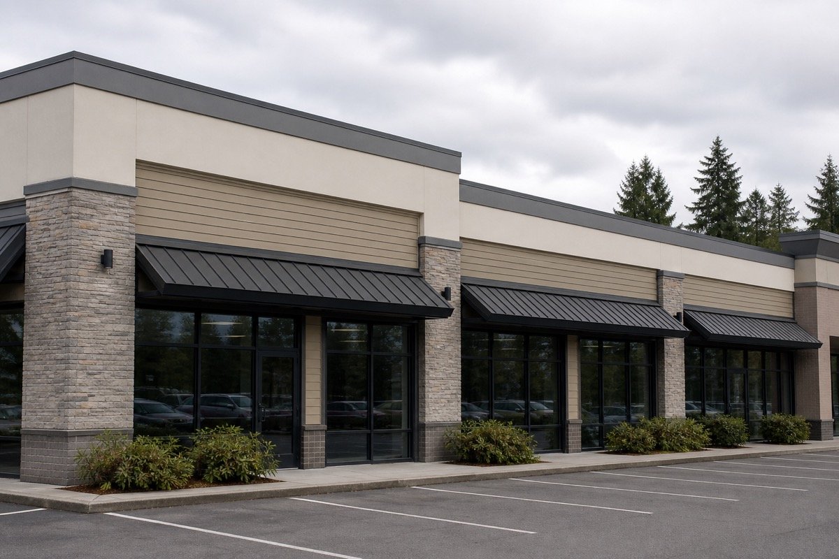 Retail strip mall storefront in Surrey with completed parapet waterproofing repair