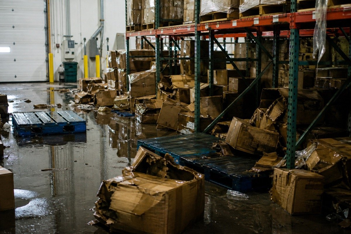 Warehouse restoration after sprinkler discharge — before