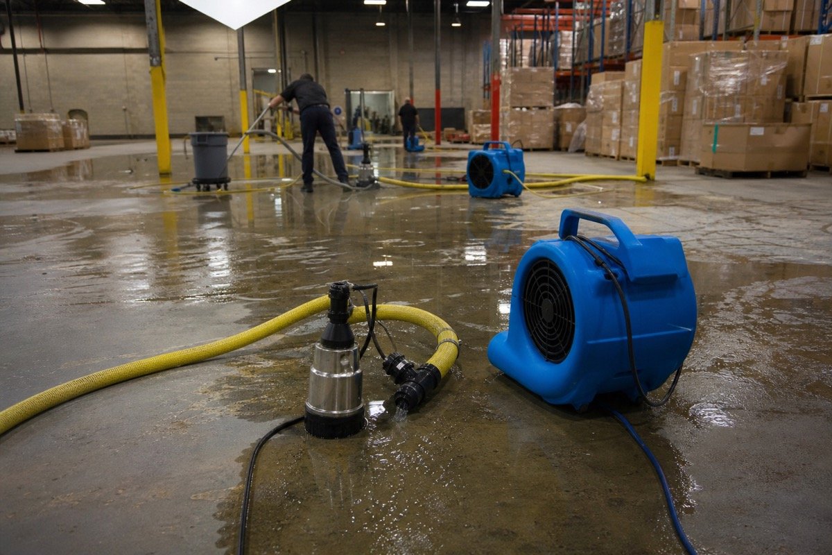 Warehouse restoration after sprinkler discharge — during