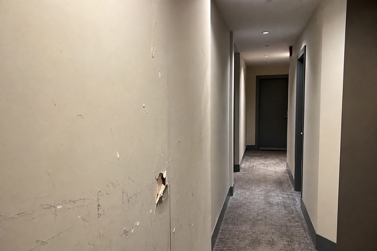 Common area drywall repair after flood — before