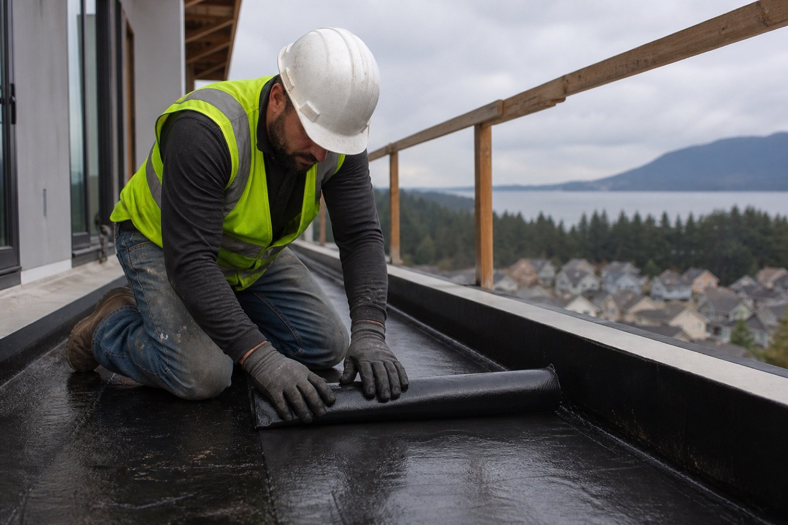 Worker applying waterproofing membrane on a deck substrate